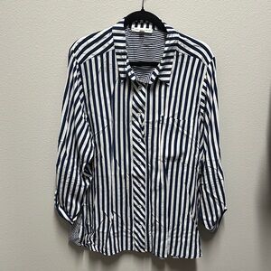 Striped Blue and White Button-Up Shirt - 1X